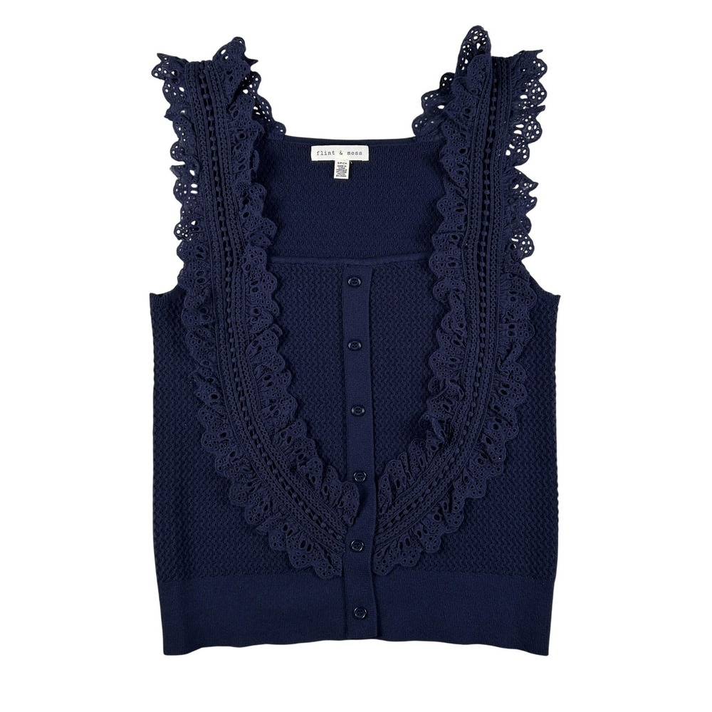 Flint & Moss Sweater Vest Womens Small Navy Crochet Ruffle‎ Button Front Knit